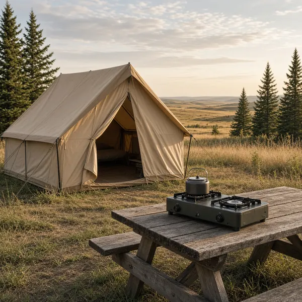 Canvas wall tent and camp stove